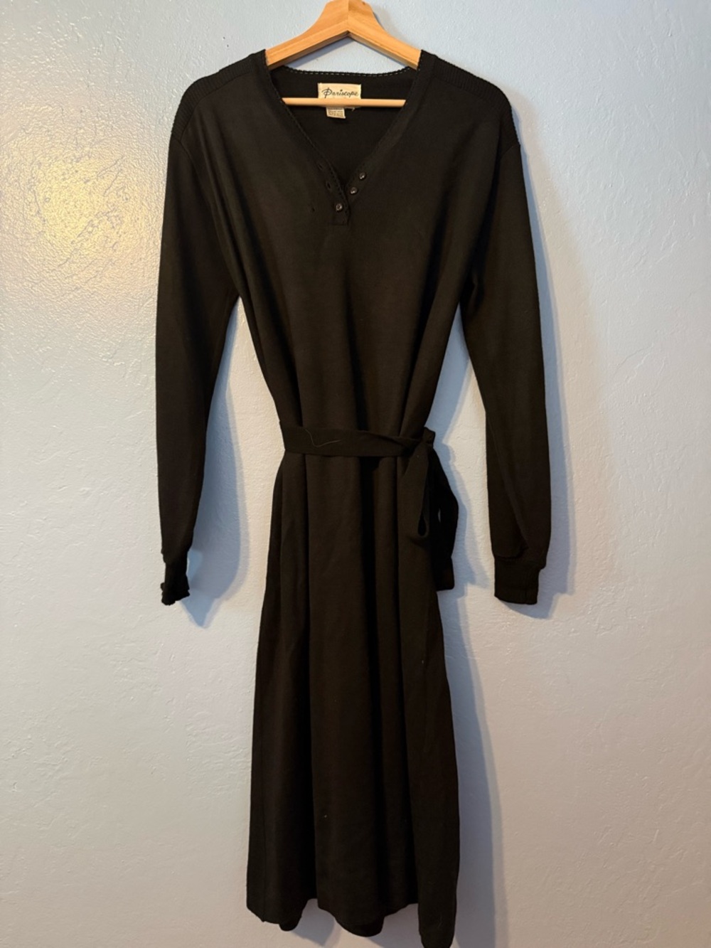 Vintage Periscope Black Long-Sleeve Knit Belted Dress Made in Hong Kong